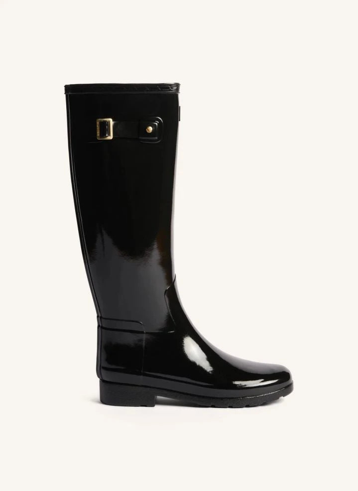 Hunter - Botas de cuero Wellington con acabamento brillante de biés dorado | Negro brillante