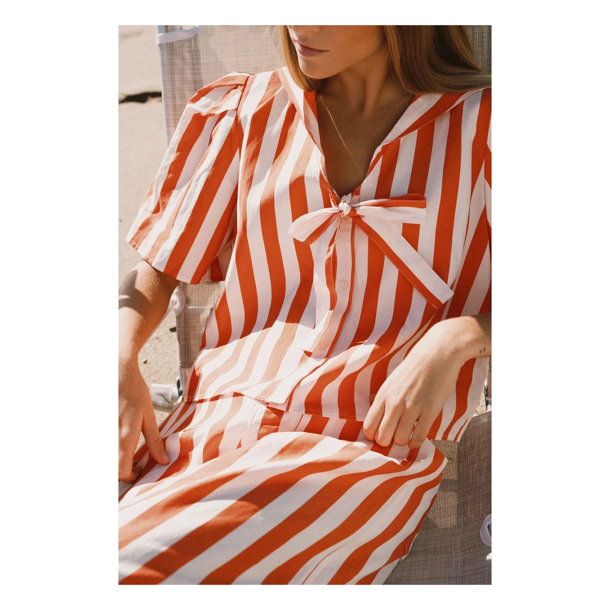 The Tiny Big Sister - Blusa de lino y algodón a rayas marineras | Rojo