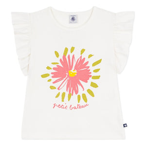 Petit Bateau - Camiseta con volantes y estampado floral de algodón orgánico | Blanco