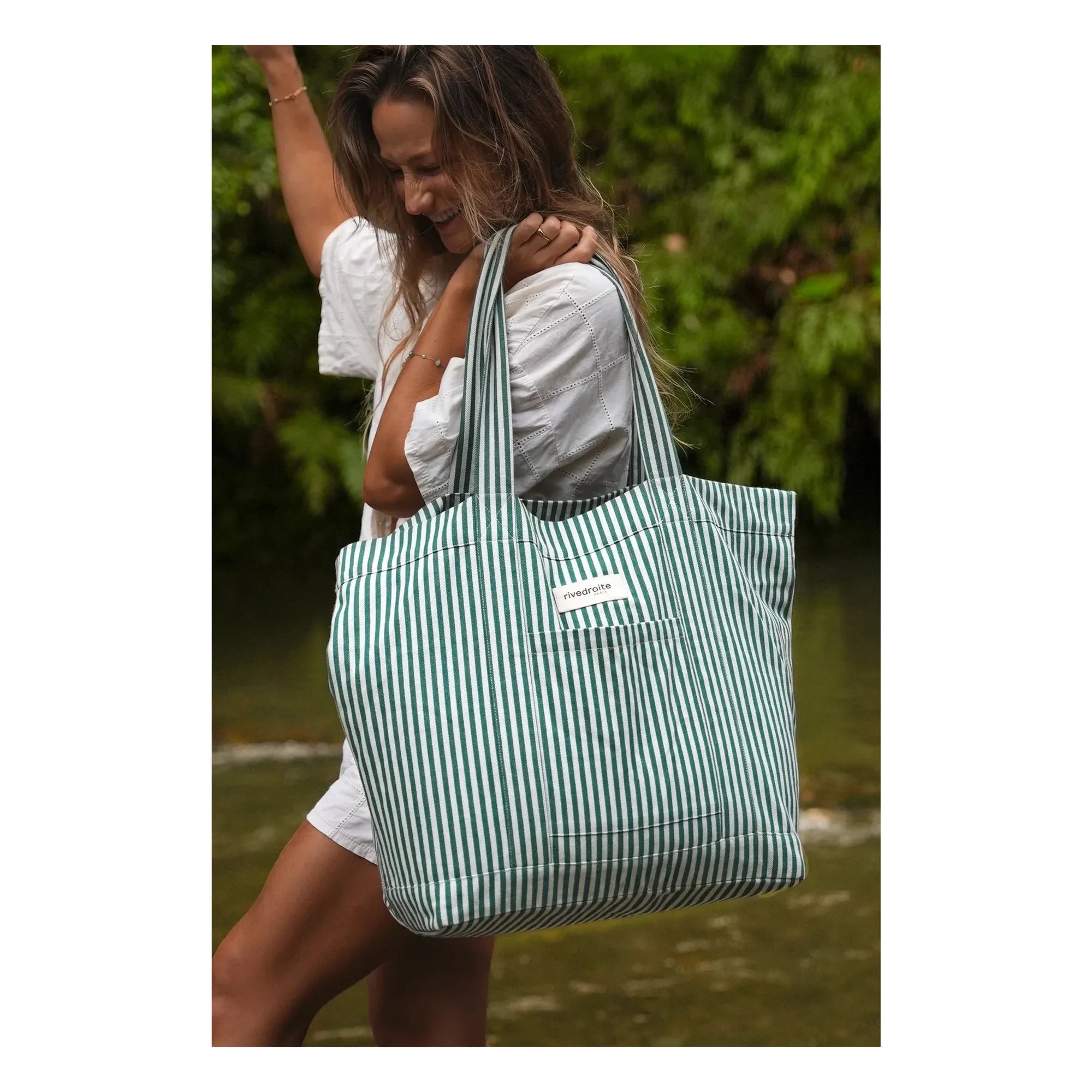 rivedroite - Bolso de compras Amelot de algodón reciclado a rayas | Verde