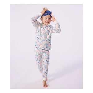 Petit Bateau - Conjunto de pijama de algodón orgánico con estampado floral y máscara de gato | Blanco