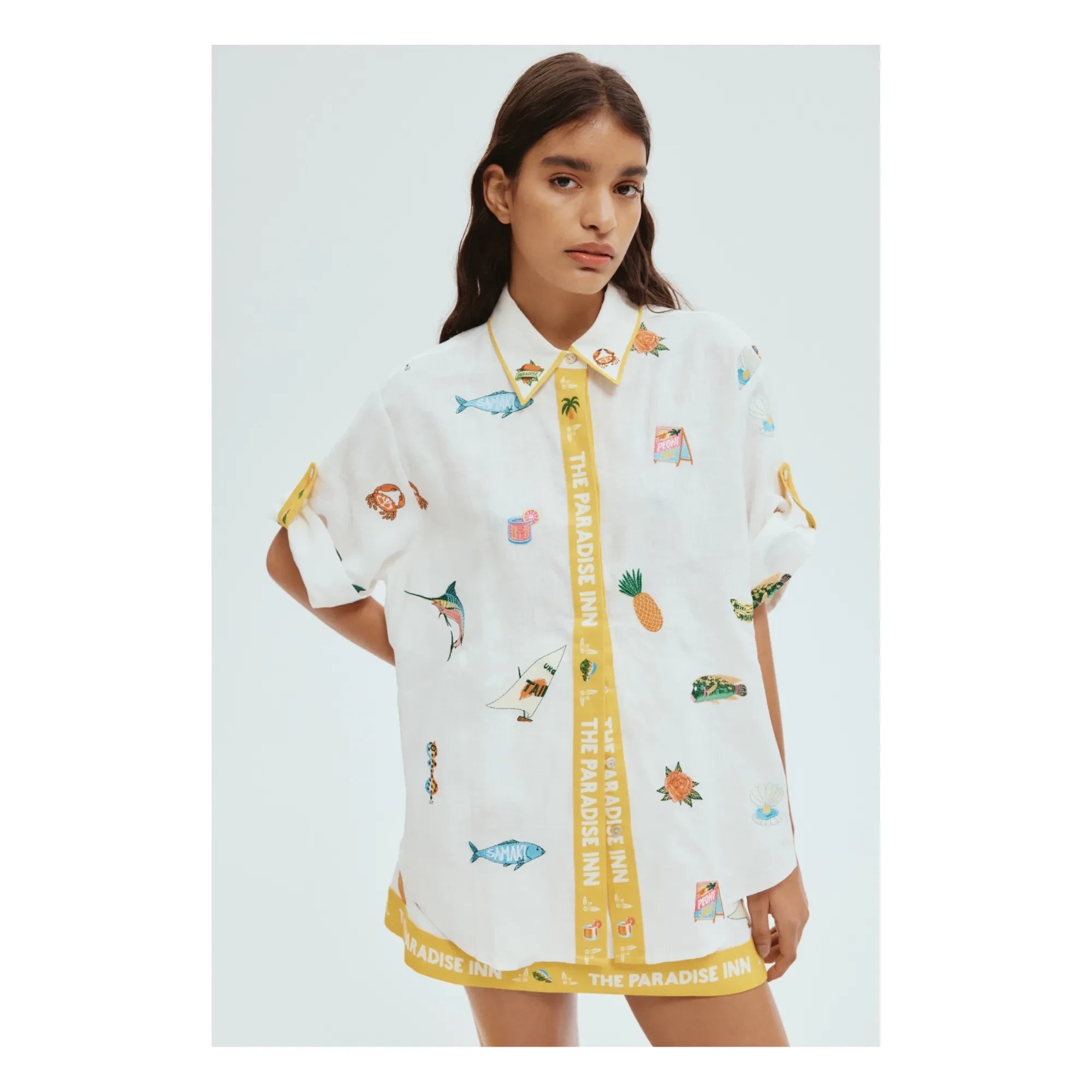 Alémais - Camisa de lino bordada Marlin azul | Crudo