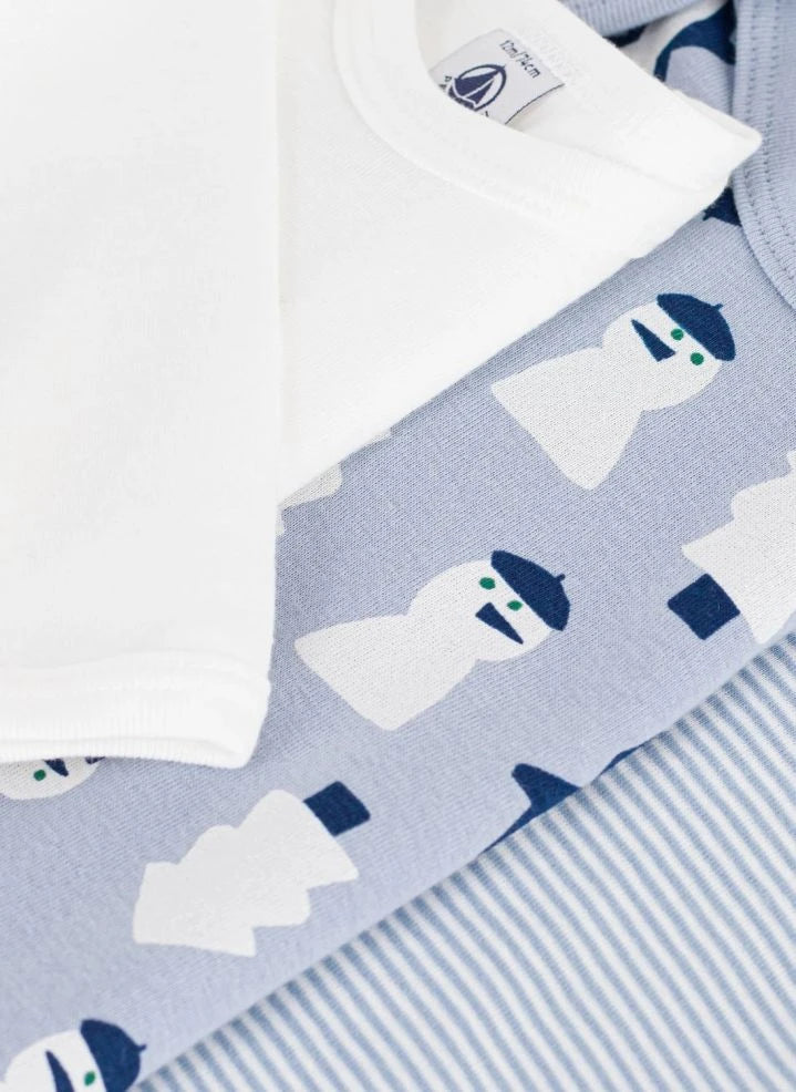 Petit Bateau - Set de 3 bodies de algodón orgánico con muñeco de nieve | Gris azul