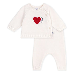 Petit Bateau - Yün Kalp Hırka ve Pantolon Seti | Beyaz