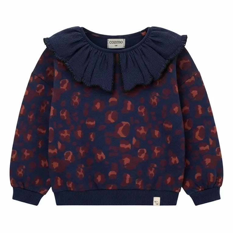 Cozmo - Laia Sudadera con cuello de volantes Algodón orgánico Leopardo | Azul marino