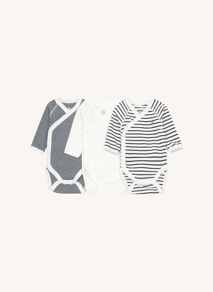 Petit Bateau - Petos cruzados a rayas para recién nacido - Set de 3 | Blanco