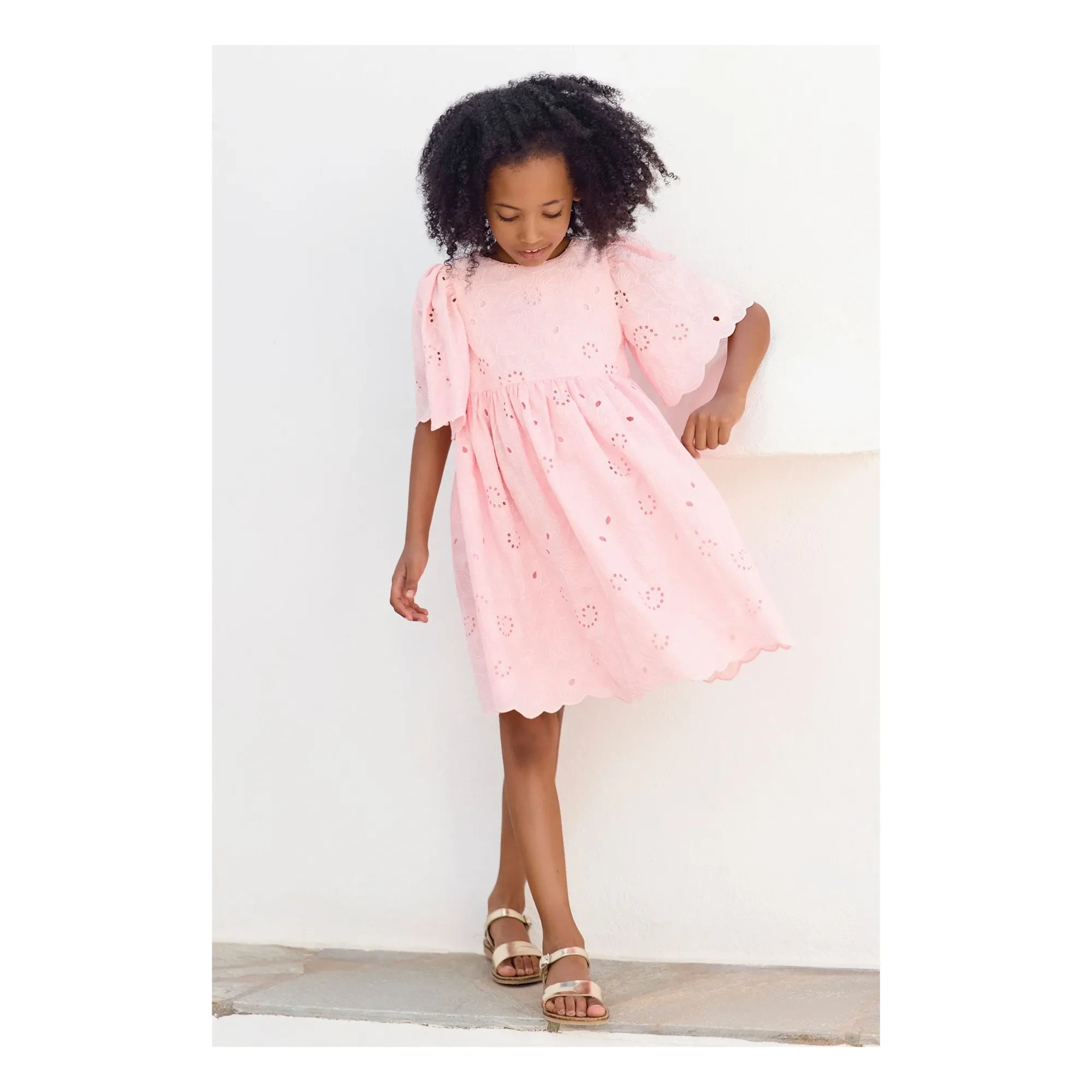 Tartine et Chocolat - Vestido de manga abullonada con flores bordadas | Rosa empolvado
