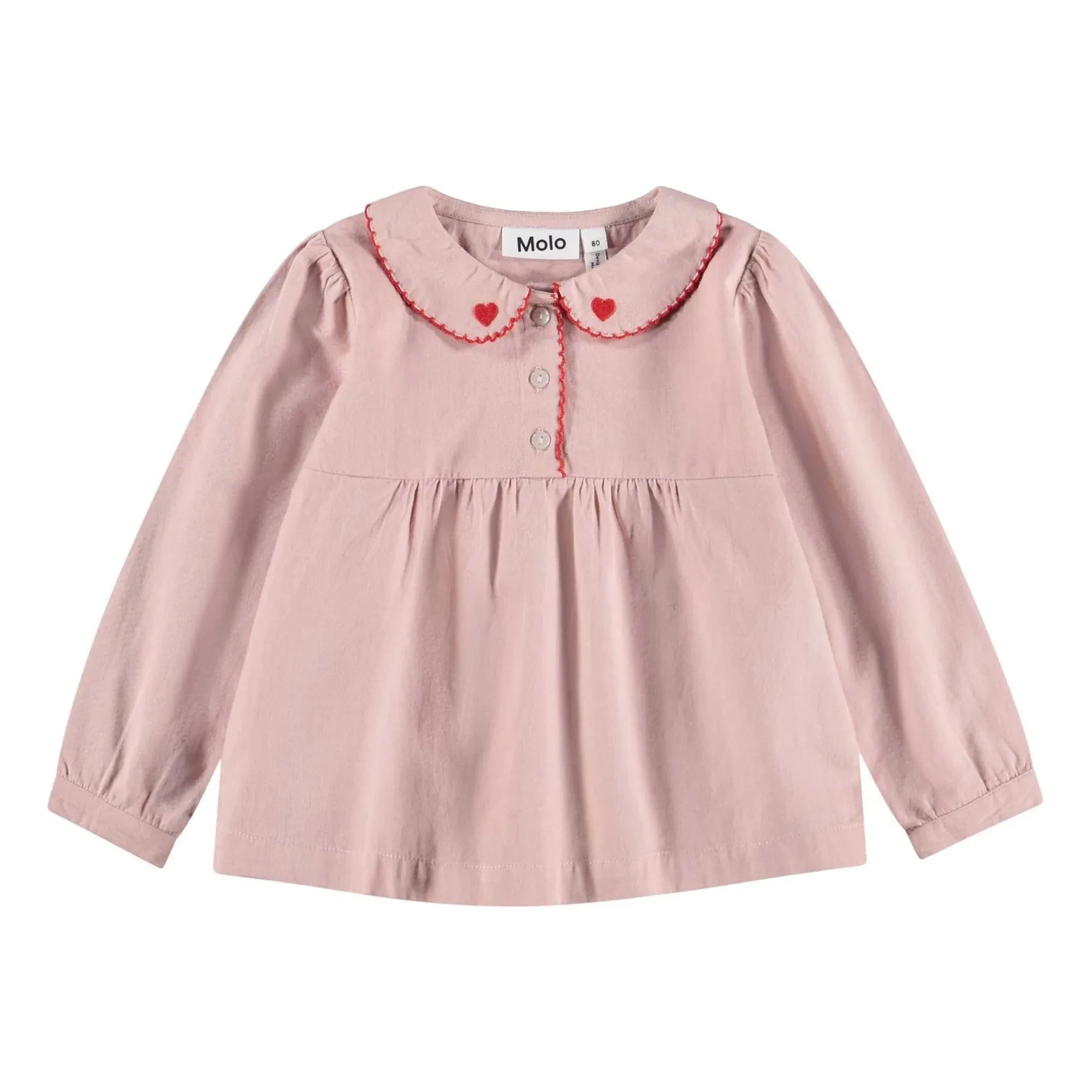 Molo - Blusa de algodón orgánico con cuello Edie y estampado de corazones | Rosa empolvado