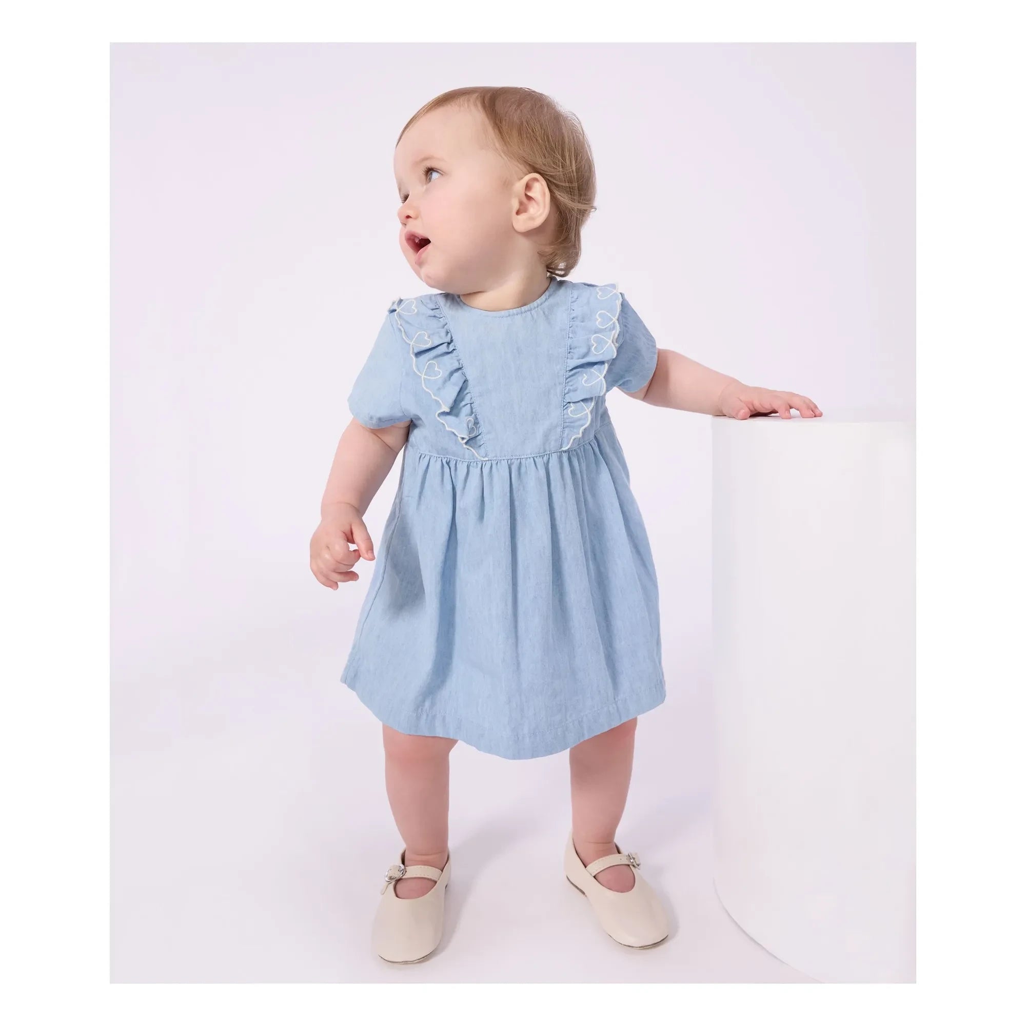 Petit Bateau - Vestido chambray bordado | Azul claro