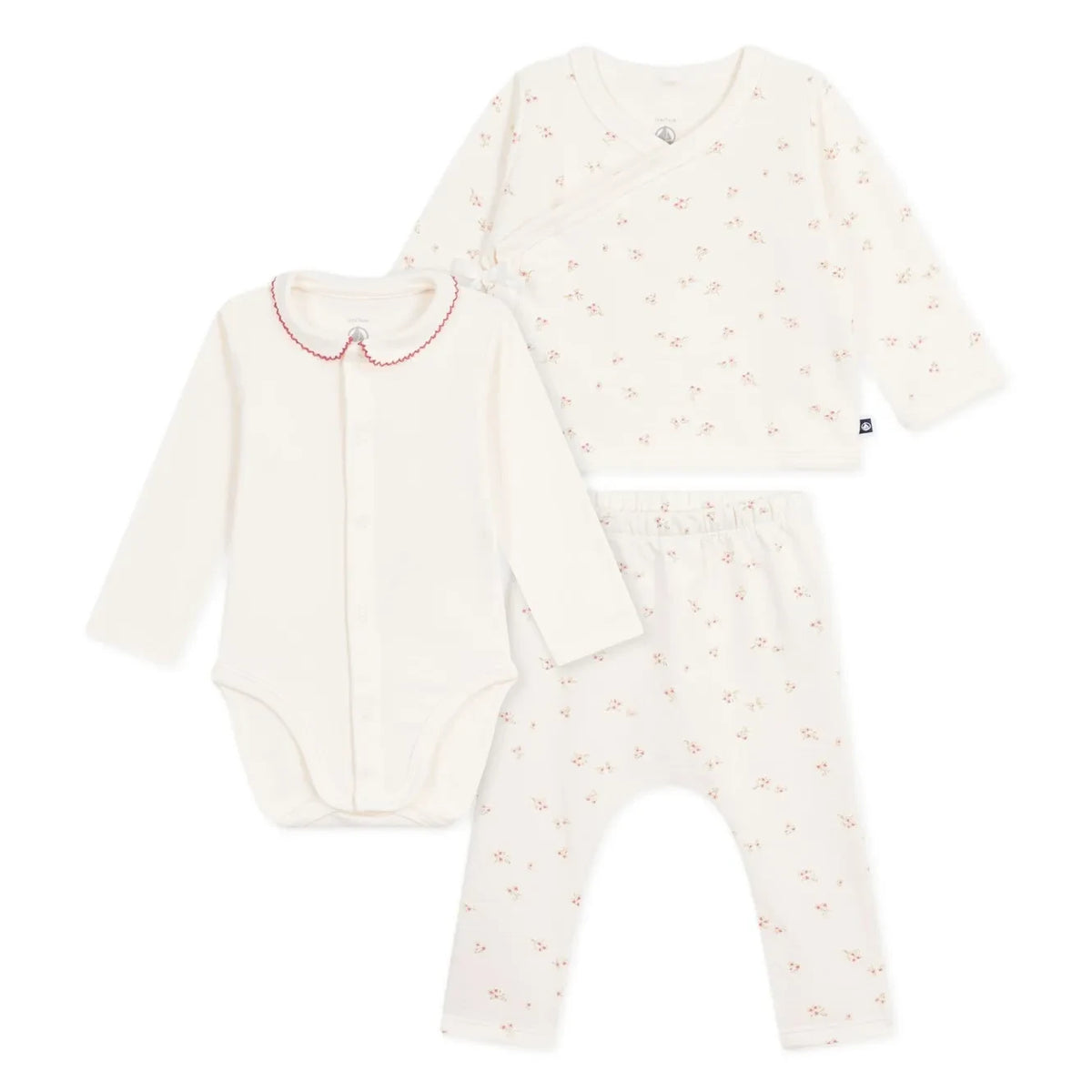 Petit Bateau - Conjunto de body, top y pantalón de algodón orgánico con flores | Crudo