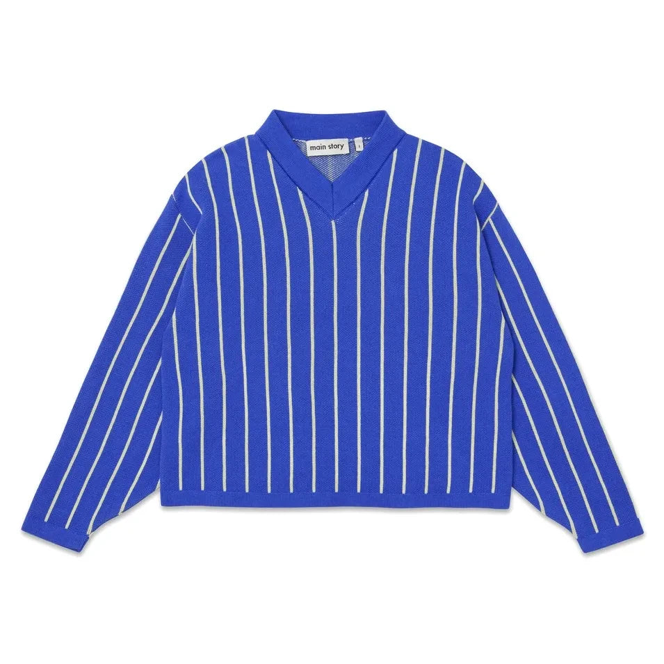 Main Story - Sudadera con cuello de pico de algodón orgánico a rayas | Azul eléctrico