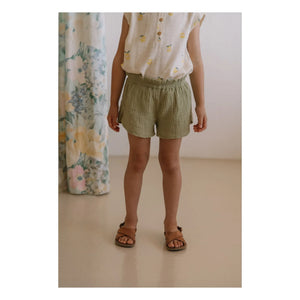 Studio Bohème - Pantalones cortos de gasa de algodón orgánico Georgette Waffle | Caqui claro