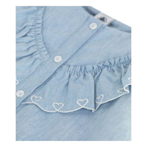 Petit Bateau - Blusa fruncida de algodón orgánico Chambray | Azul claro
