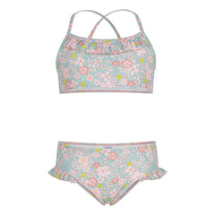 Petit Bateau - Bañador de 2 piezas con volantes y flores | Gris azulado