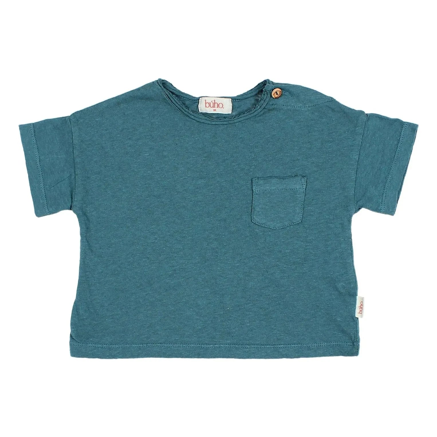 Búho - Camiseta de lino con bolsillo | Azul pavo real