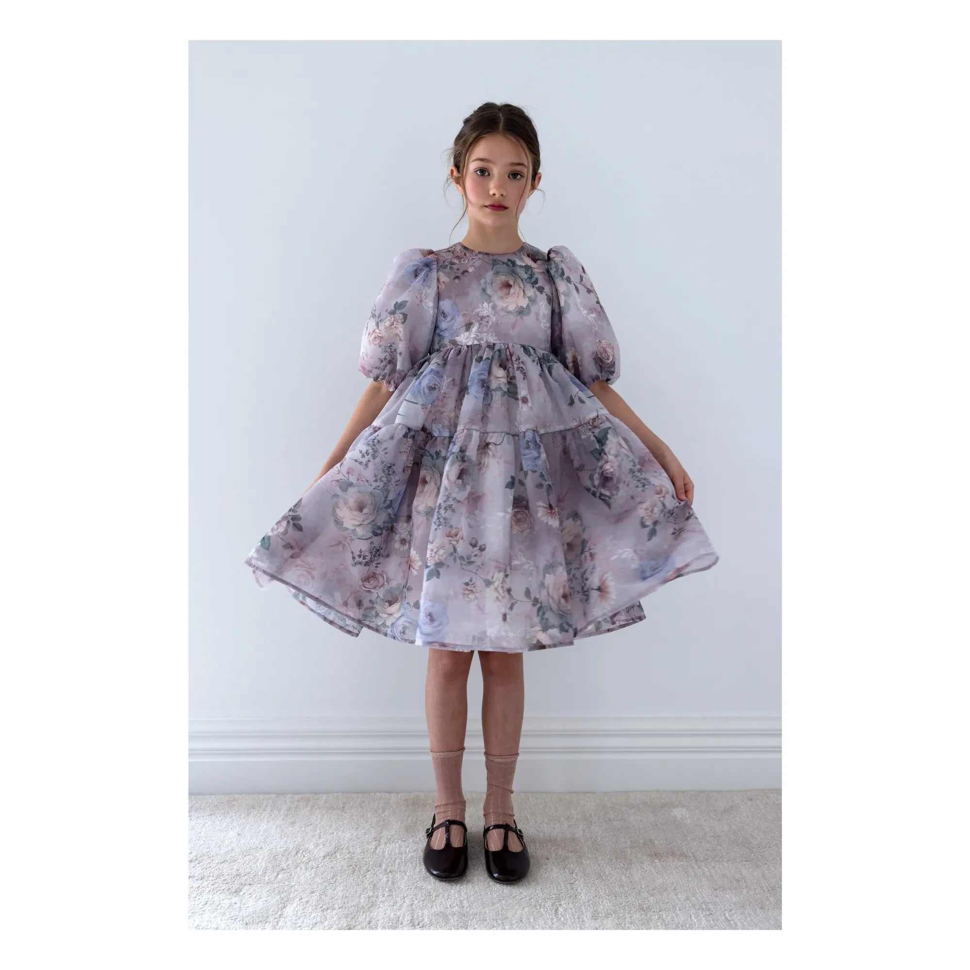 petite Amalie - Vestido de organza con mangas globo y estampado floral | Lavanda