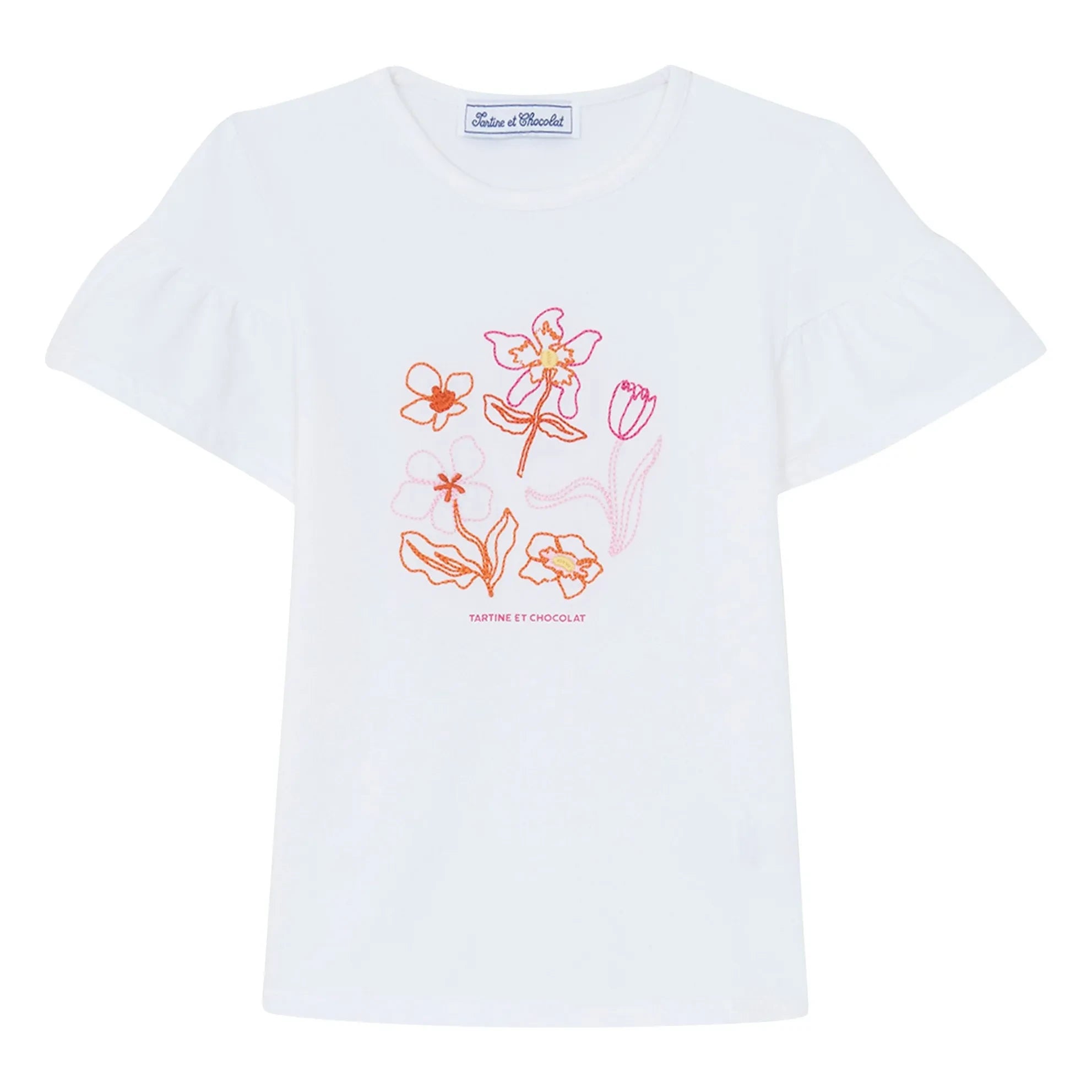 Tartine et Chocolat - Camiseta de manga abullonada con bordado floral | Blanco