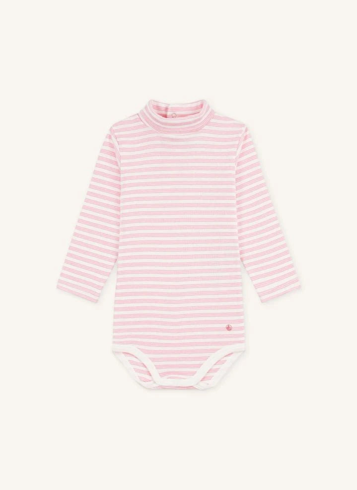 Petit Bateau - Body de cuello alto a rayas de algodón orgánico | Rosa