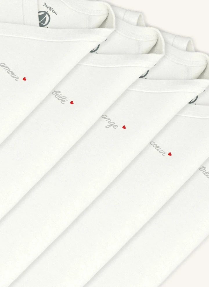 Petit Bateau - Set de 5 bodies cruzados Mon Coeur de algodón orgánico | Blanco