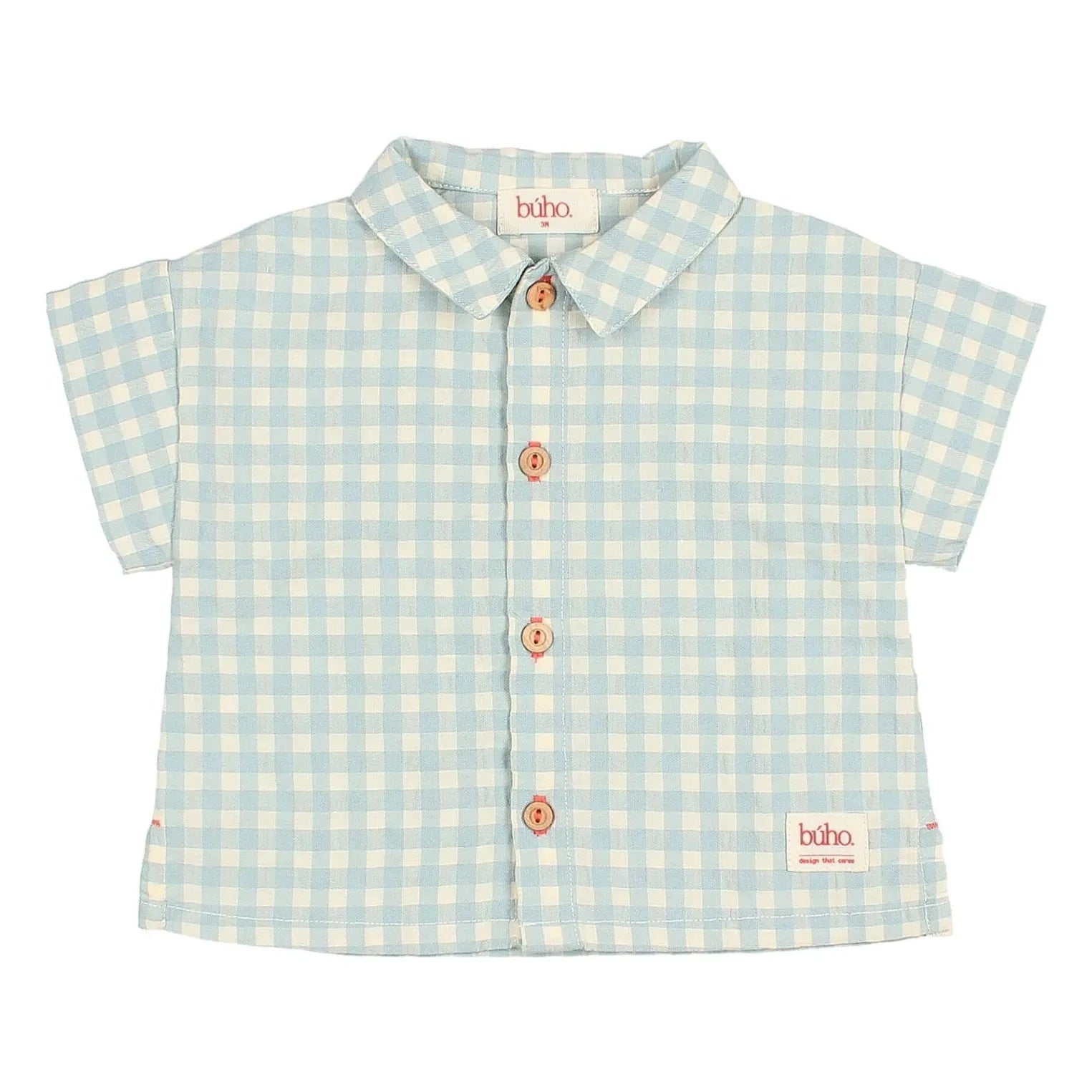 Búho - Camisa de Bebé de Algodón Orgánico Gingham Seersucker | Aqua