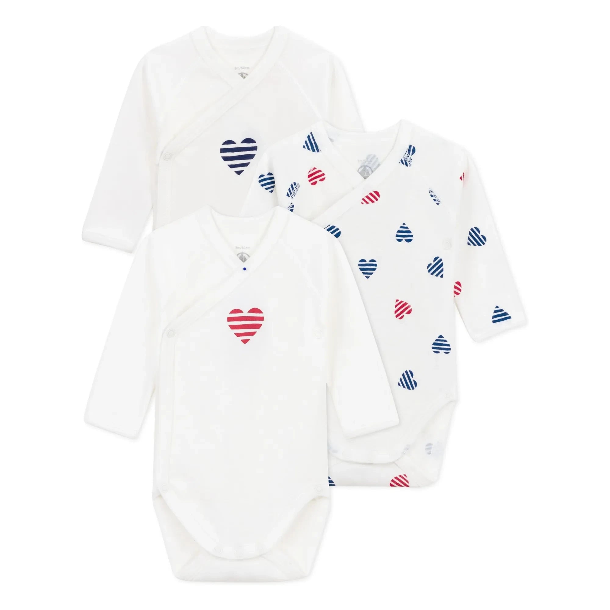 Petit Bateau - Conjunto de 3 Bodys de Algodón Orgánico a Rayas con Corazón para Bebé | Crudo