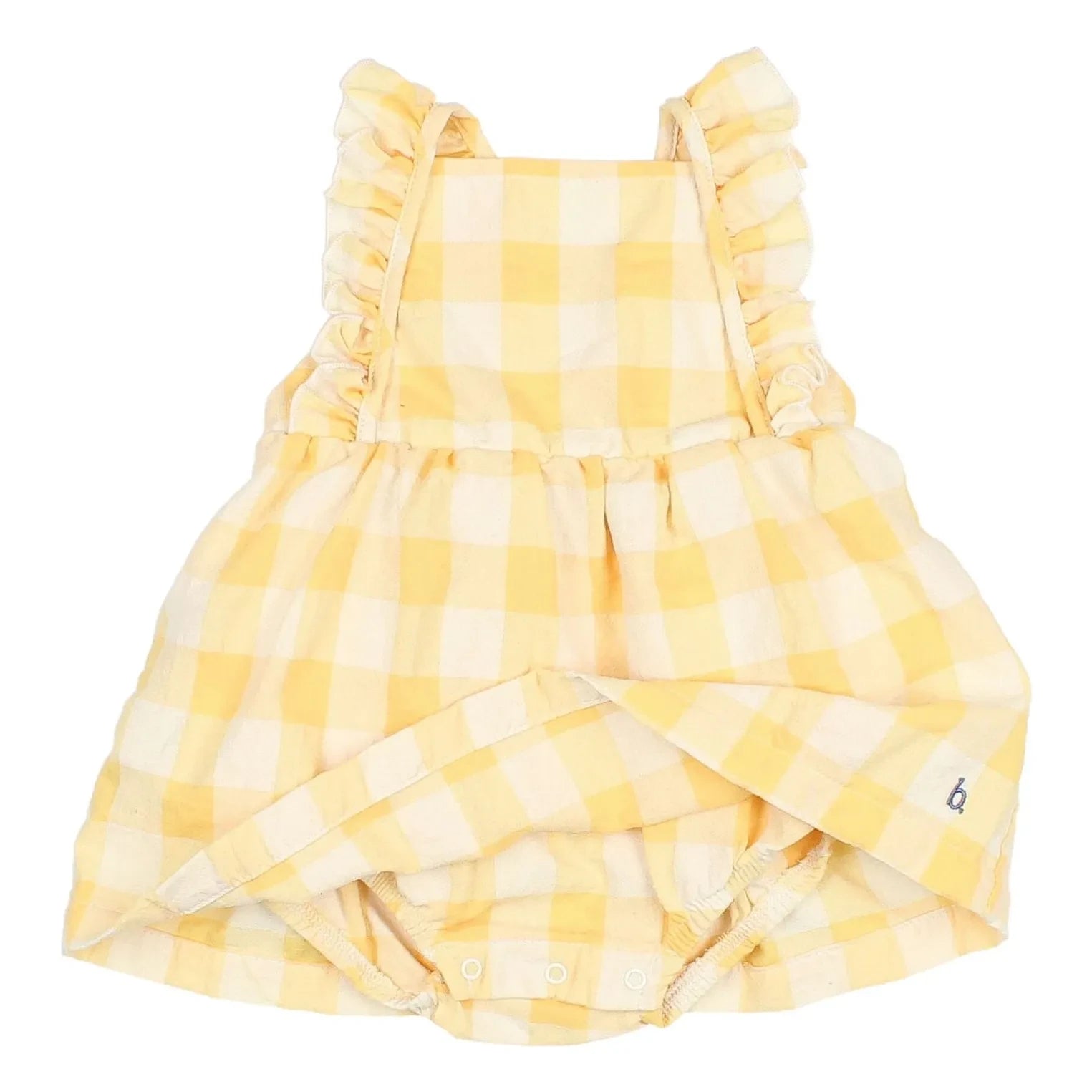 Búho - Vestido sin mangas de algodón orgánico seersucker con volantes de cuadros vichy | Amarillo