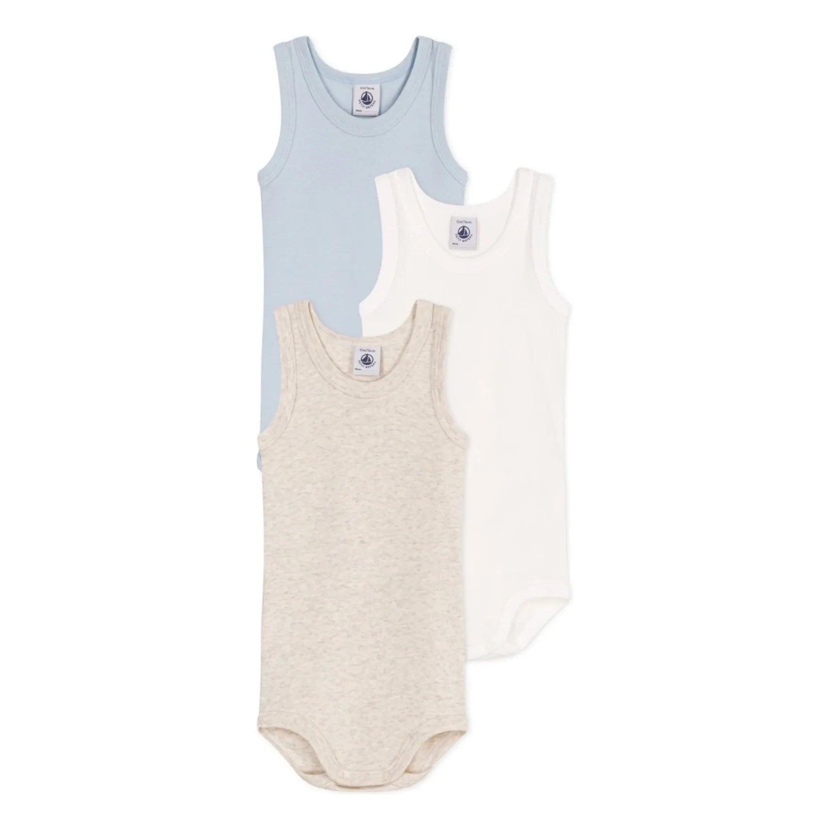 Petit Bateau - Conjunto de 3 Bodys sin Mangas Lisos | Azul