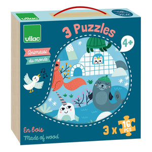 Vilac - Set de 3 Puzles de Animales del Mundo - 16 Piezas
