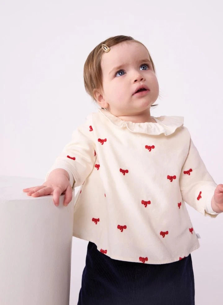 Petit Bateau - Blusa de terciopelo de algodón orgánico con nudo | Crudo