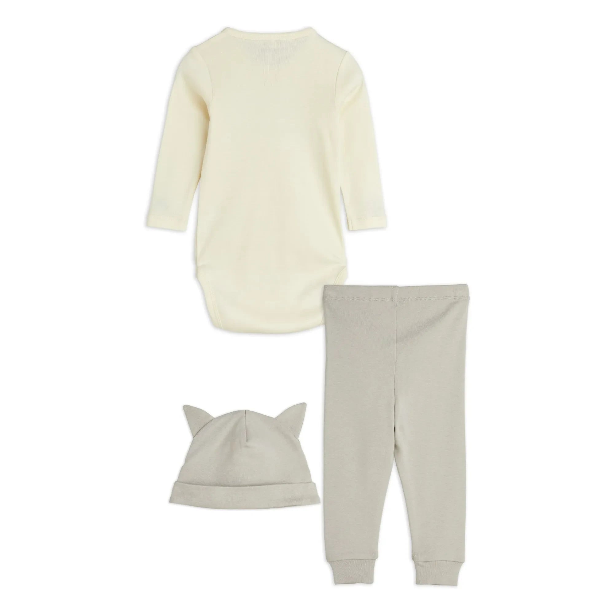 Mini Rodini - Set de body, pantalón jogger y gorro de algodón orgánico con gato | Crudo