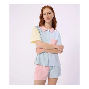 Petit Bateau - Pijama corto de rayas con bloques de color verde