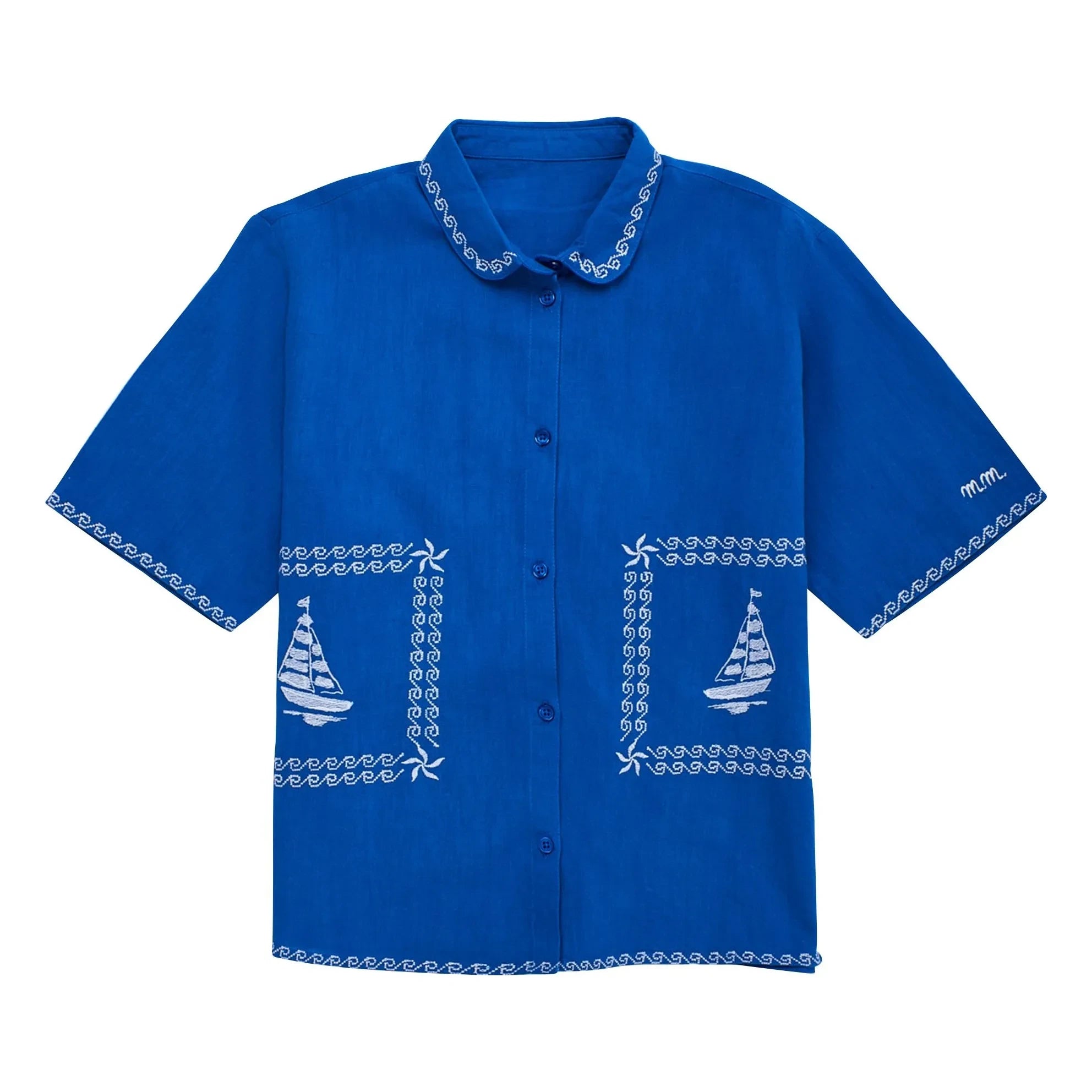 Maison Mangostan - Camisa de velo bordada azul