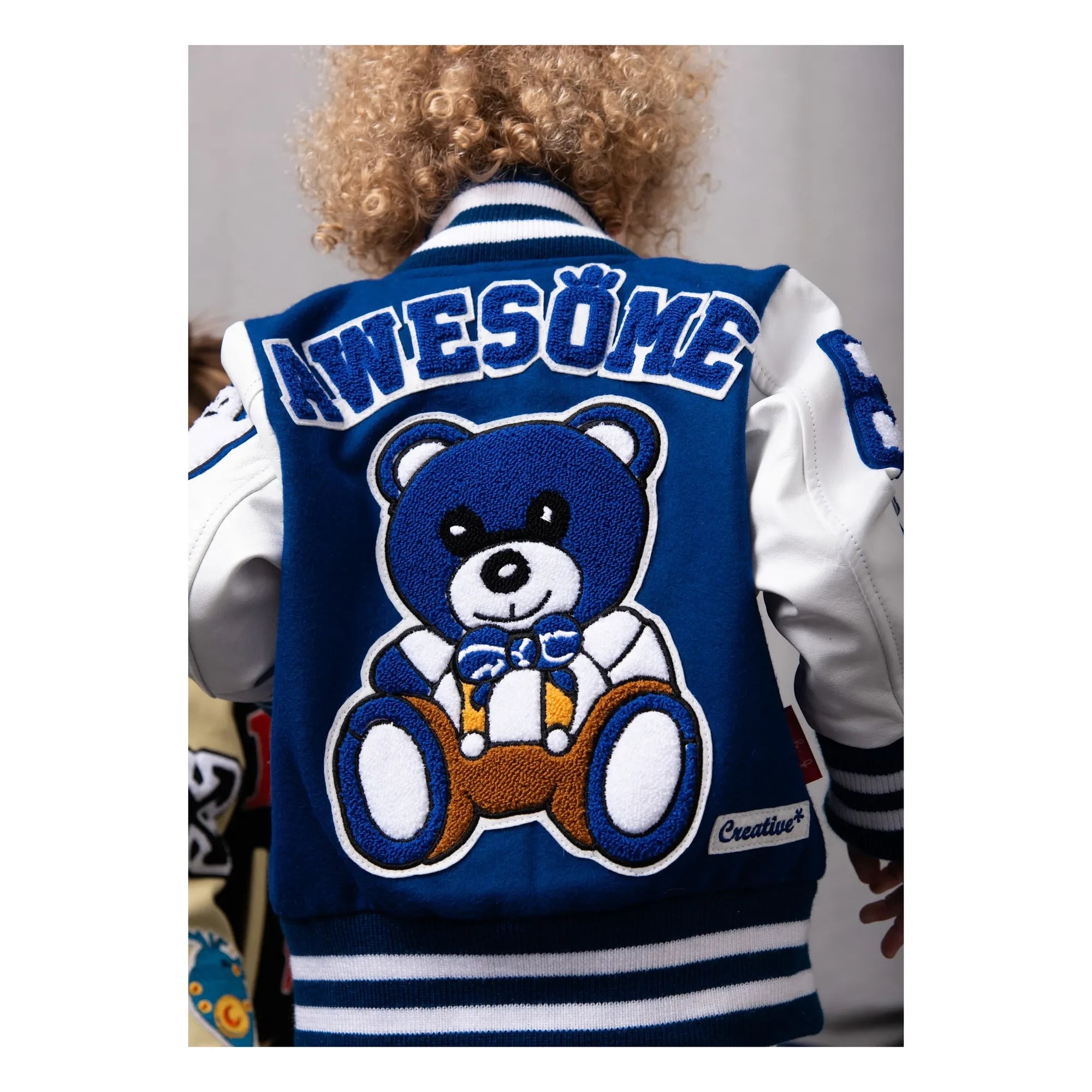 Niño Niña - Chaqueta Bomber Letterman de Cuero Estupenda | Azul