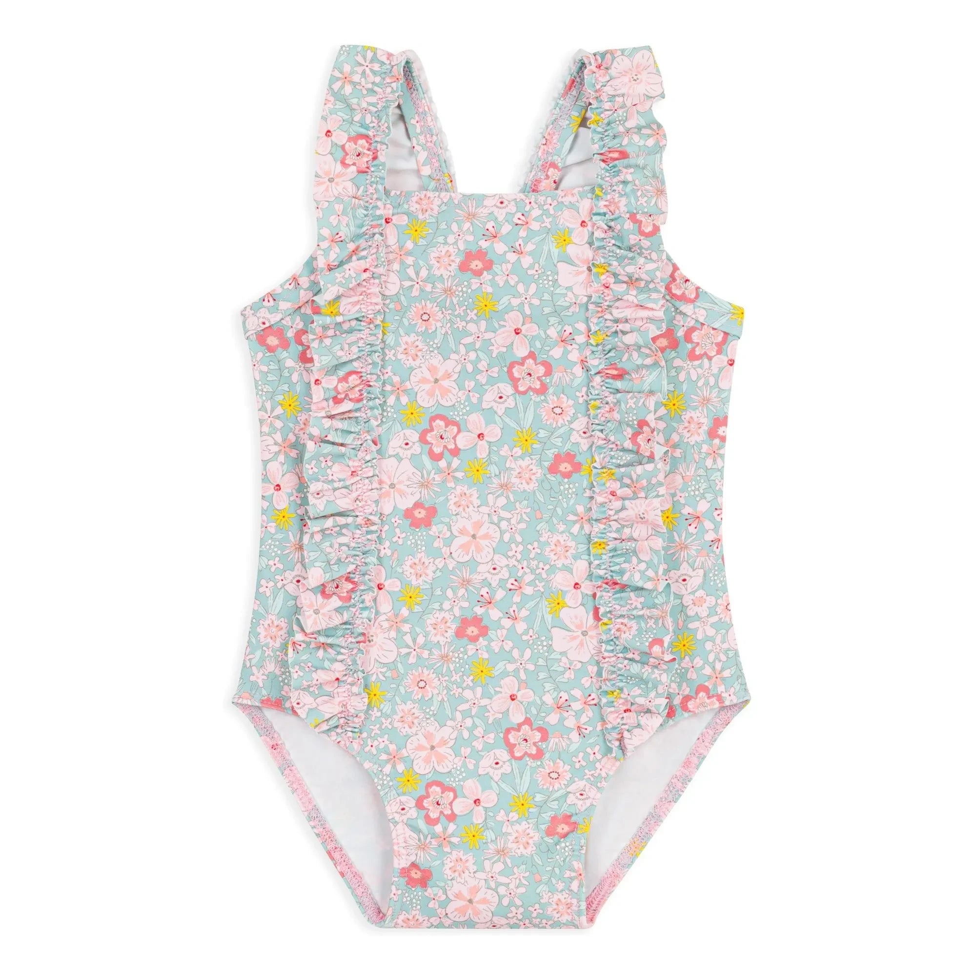 Petit Bateau - Bañador con volantes y estampado floral para bebé | Turquesa