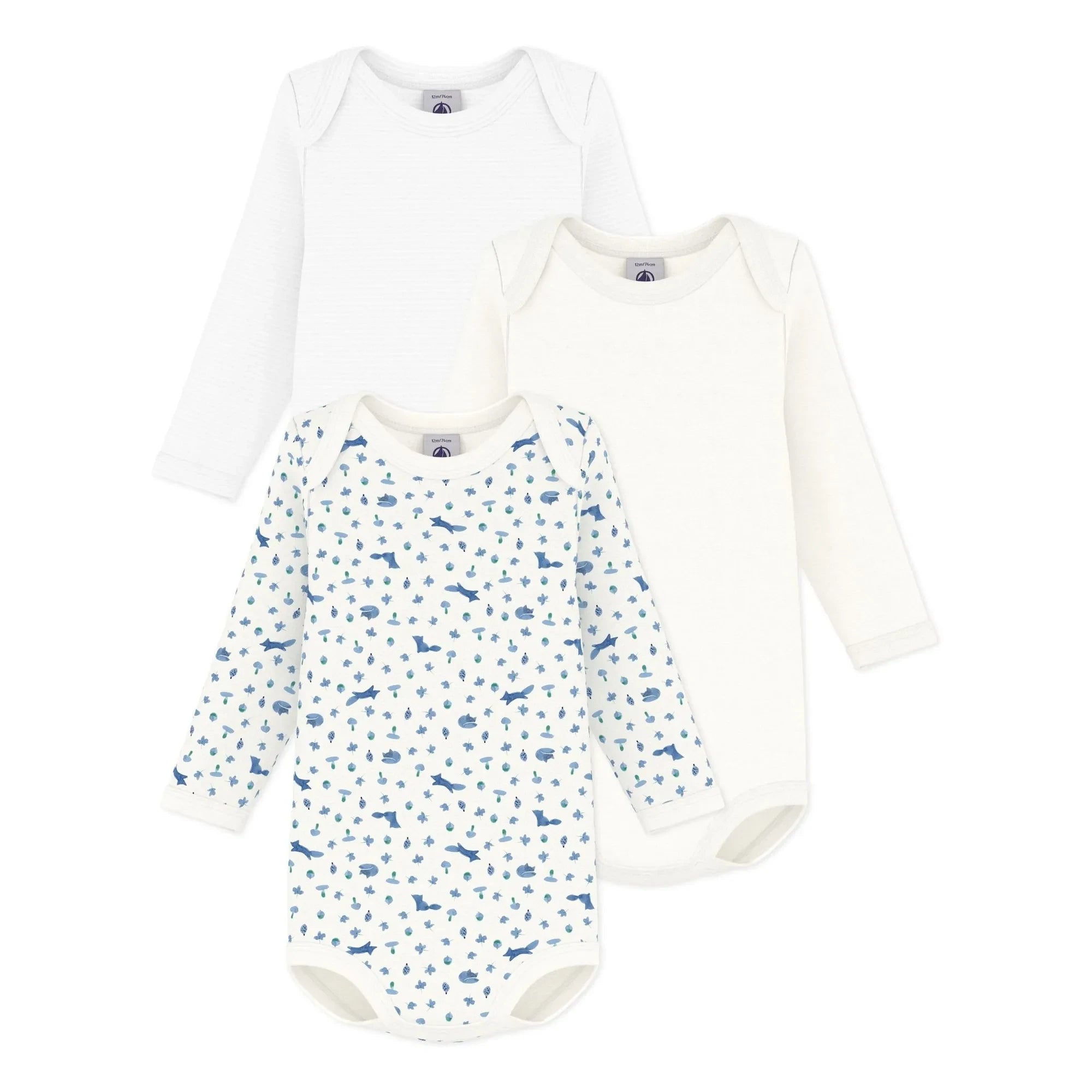 Petit Bateau - Conjunto de 3 bodys de algodón orgánico con estampado de zorros | Azul