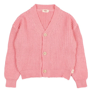Búho - Cárdigan de canalé de algodón orgánico con cuello en V | Rosa caramelo