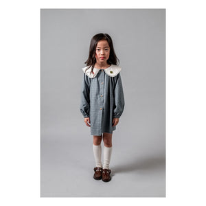 birinit - Kareli Nakışlı Claudine Yakalı Elbise Organik Pamuk | İndigo mavi