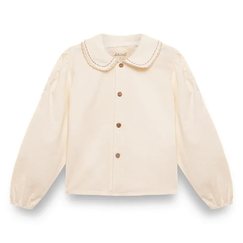 birinit - Blusa de algodón orgánico con cuello Claudine bordado | Marfil