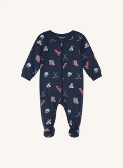 Petit Lem - Pijama enterizo con estampado de hockey y pies, de algodón orgánico | Azul marino
