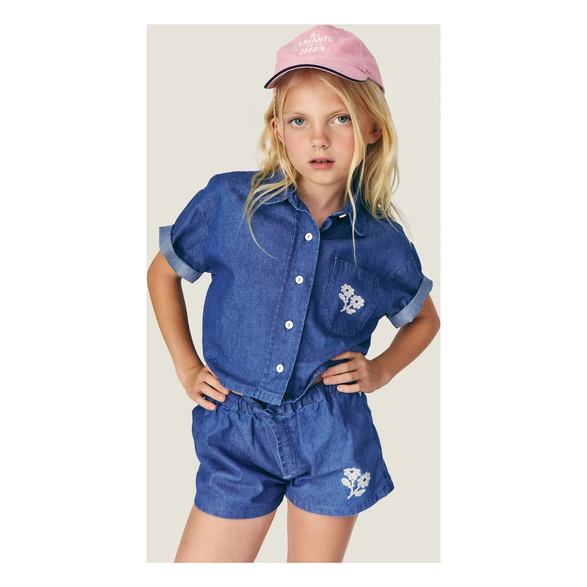 Mipounet - Camisa vaquera Amélie Fleurs Algodón BCI | Azul