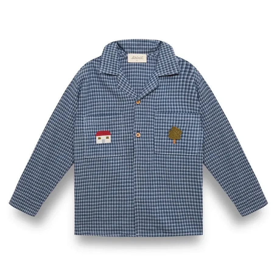 birinit - Camisa de algodón orgánico con rayas, bordados y bolsillos | Azul índigo