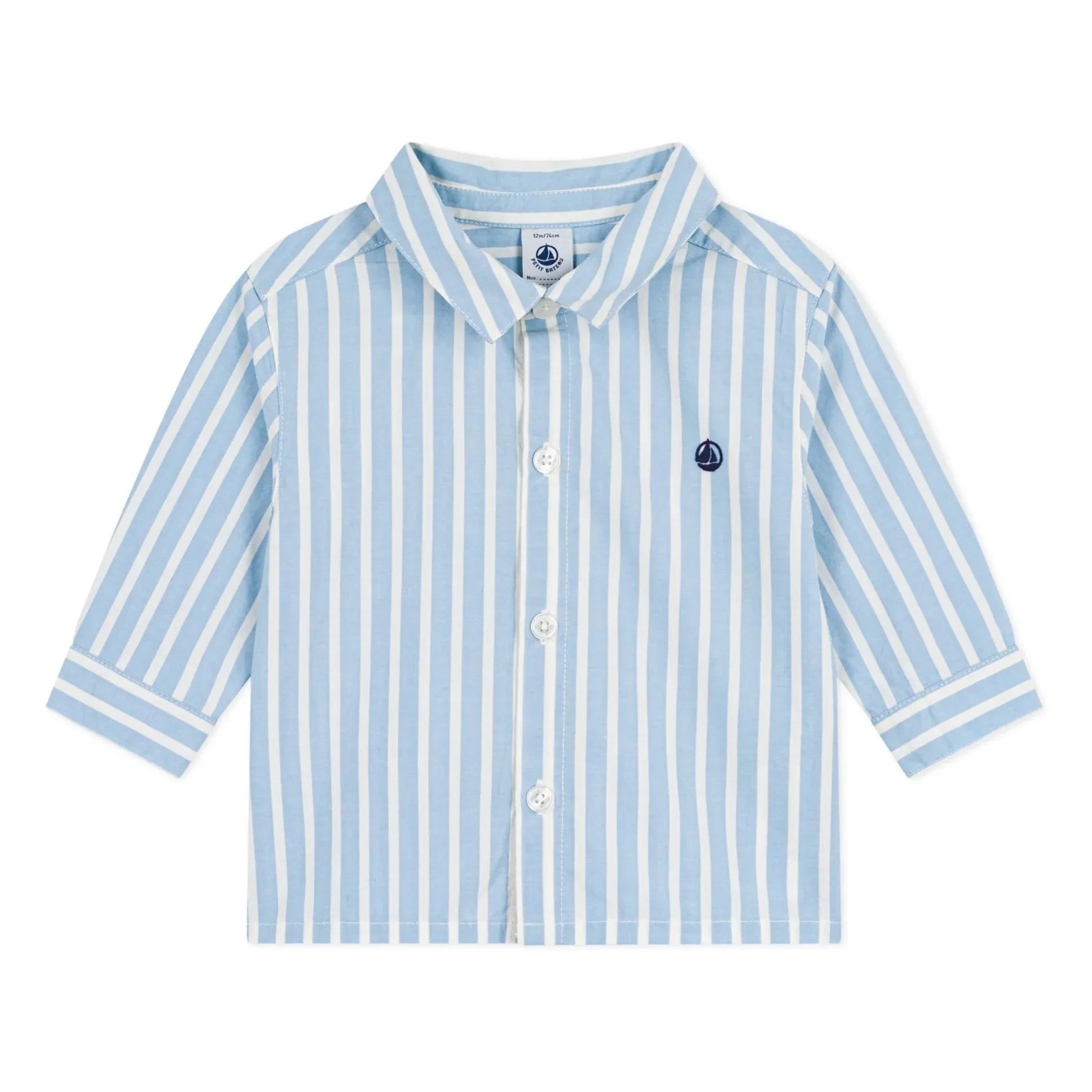 Petit Bateau - Camisa de popelín de algodón orgánico a rayas con logotipo | Azul