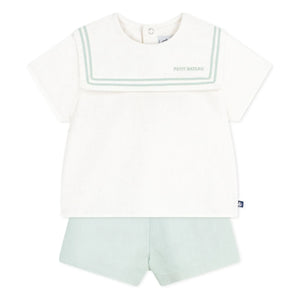 Petit Bateau - Conjunto de top con cuello azul marino y pantalón corto de lino | Sage
