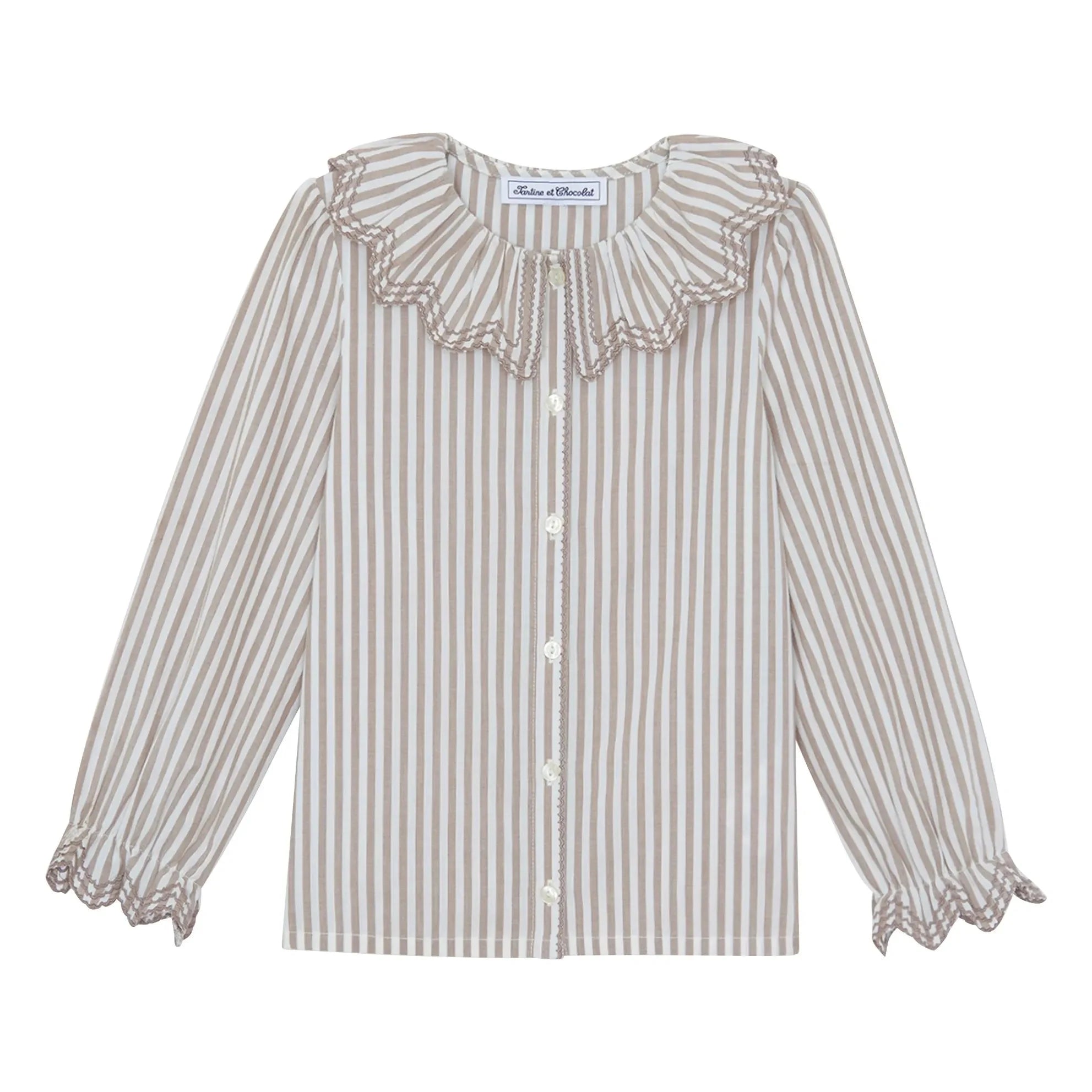 Tartine et Chocolat - Blusa de Rayas con Cuello de Volantes | Blanco