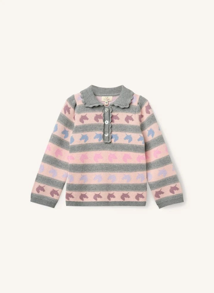 Copenhagen Colors - Jersey con cuello polo de algodón orgánico con estampado de unicornio | Gris