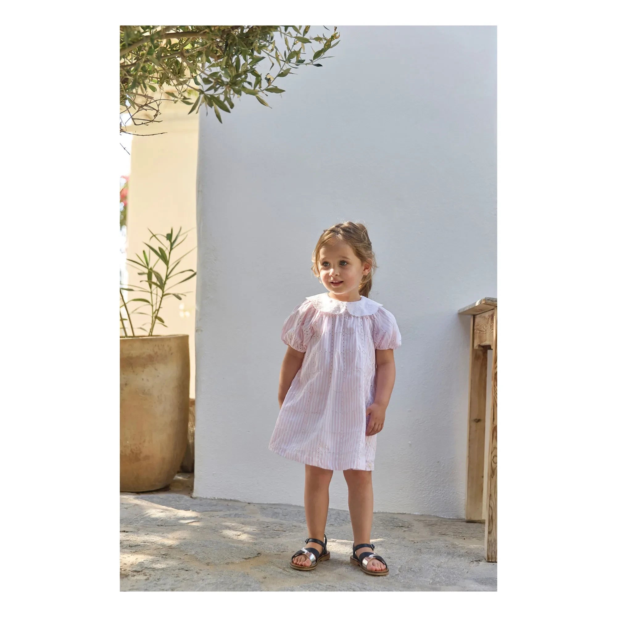 Tartine et Chocolat - Vestido bordado de rayas con cuello Claudine | Rosa empolvado