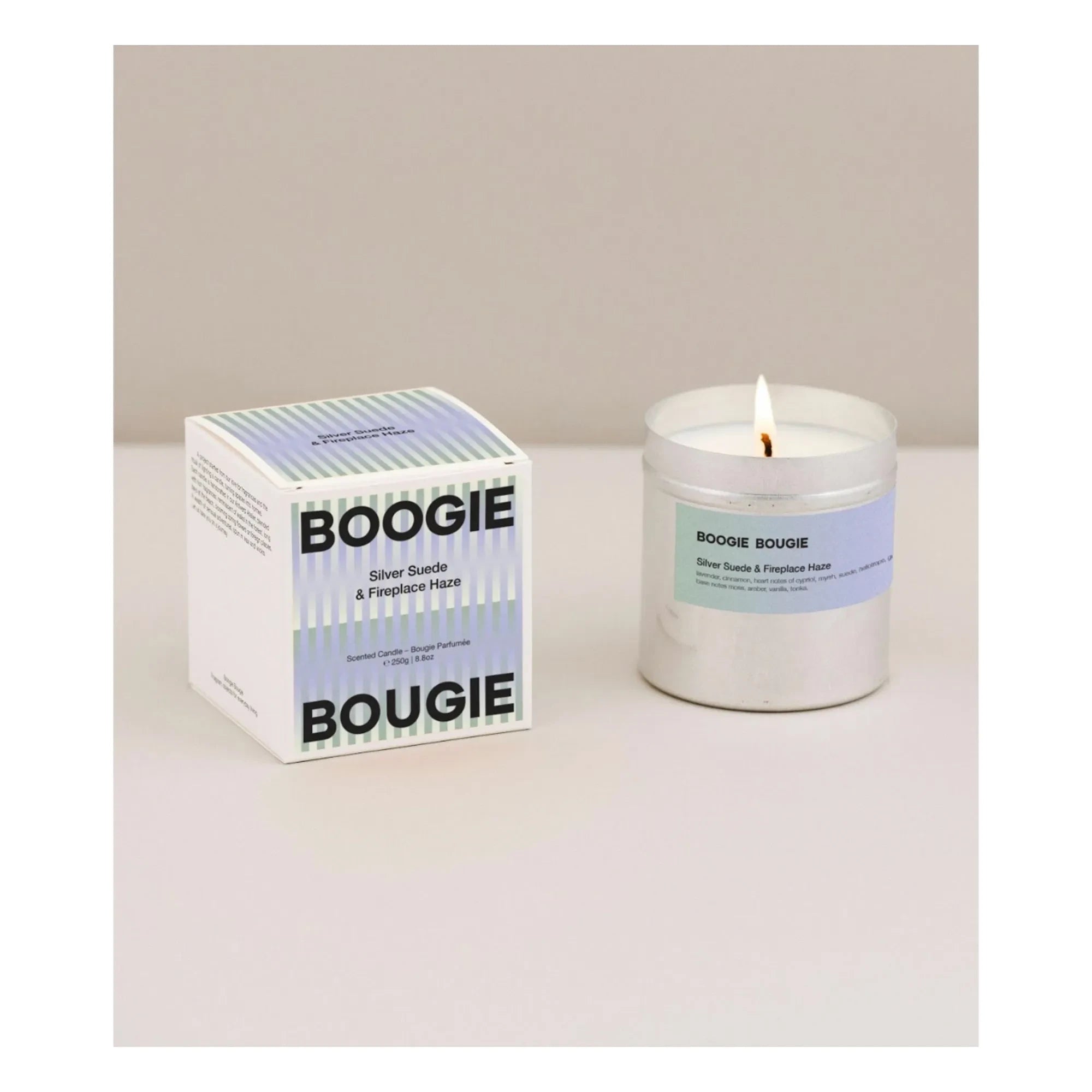 Boogie Bougie - Vela de ante plateado y neblina de chimenea