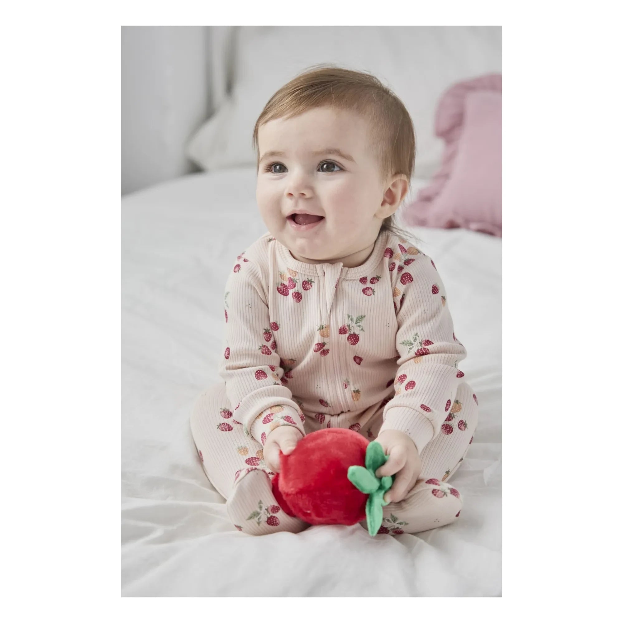 Petit Lem - Pijama con pies Fresa Rib Canalé Algodón Orgánico | Rosa