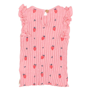 Búho - Camiseta de algodón orgánico a rayas y fresas | Rosa claro
