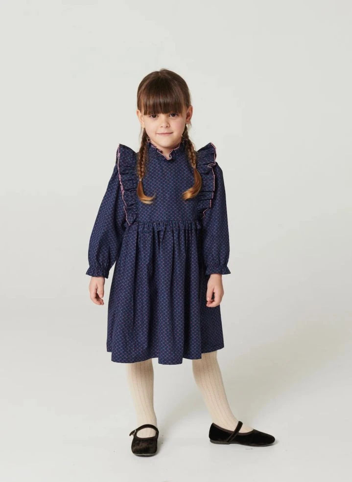Copenhagen Colors - Vestido con volantes y estampado floral de algodón orgánico | Azul marino